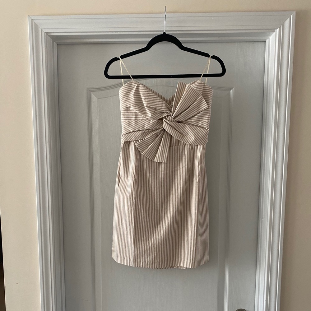 Beige striped tube dress with bow detail